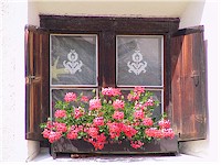 Window with wooden shutters, decorated with flowers