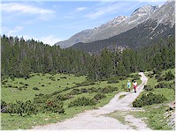 Valley Champloench - a small valley with a wide, easy to hike trail in the center and a forest in the background