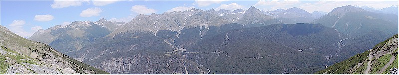 Panoramic view from near ridge Murter into the main valley and the Pass dal Fuorn road
