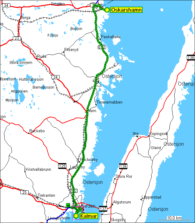 [ karte mit wegstrecke oskarshamn - kalmar ]