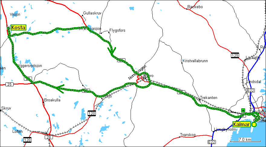 [ karte mit wegstrecke kalmar - kosta - kalmar ]