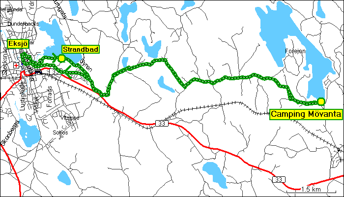 [ karte mit wegstrecke fahrrad-tour nach eksj ]