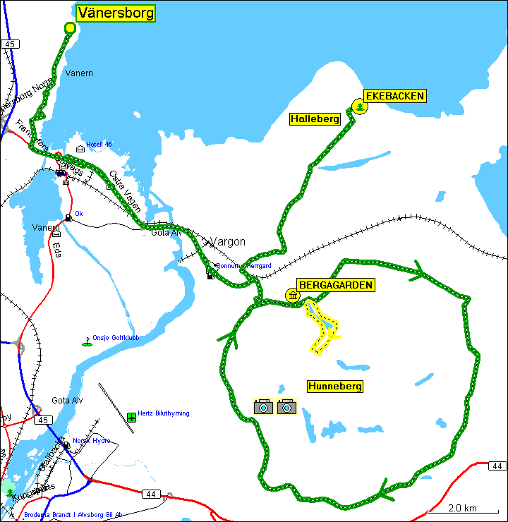 [ karte mit wegstrecke vnersborg - hunneberg - halleberg - vnersborg (elchsafari) ]