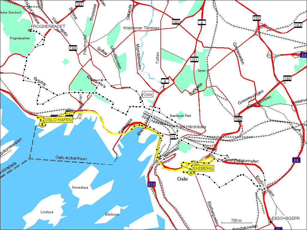 [ karte mit wegstrecke in oslo, N vom hafen zum campingplatz ekeberg ]