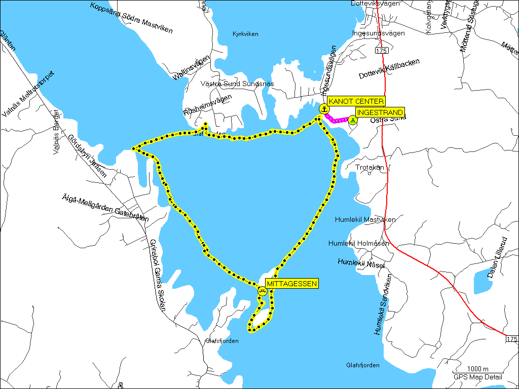 [ karte mit wegstrecke auf dem glafsfjorden (kanutour) ]