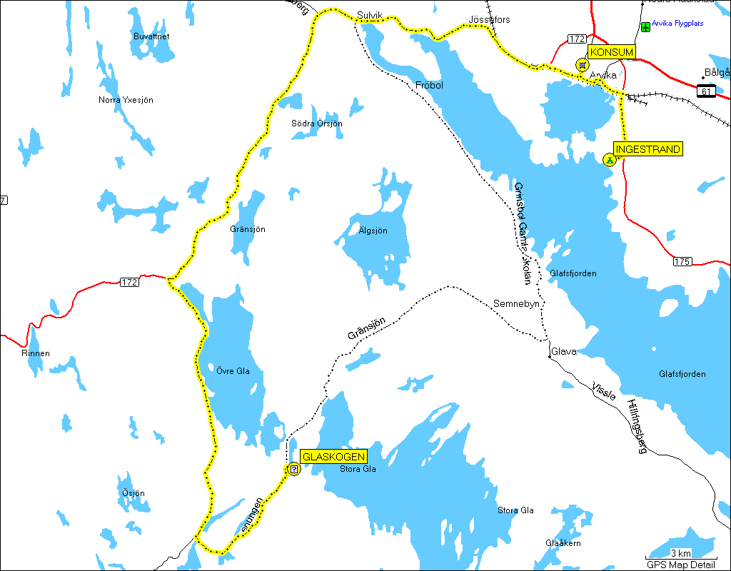 [ karte mit wegstrecke glaskogen naturreservat - campingplatz ingestrand ]