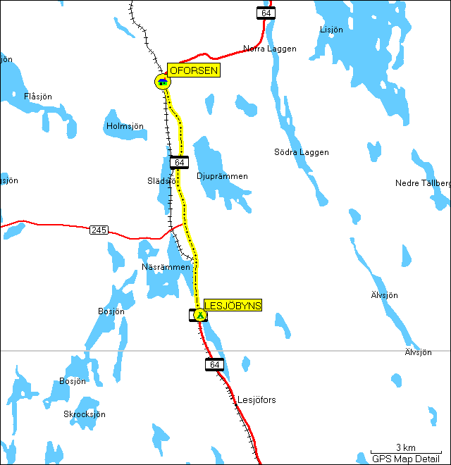 [ karte mit wegstrecke lesjfors, S - oforsen, S ]