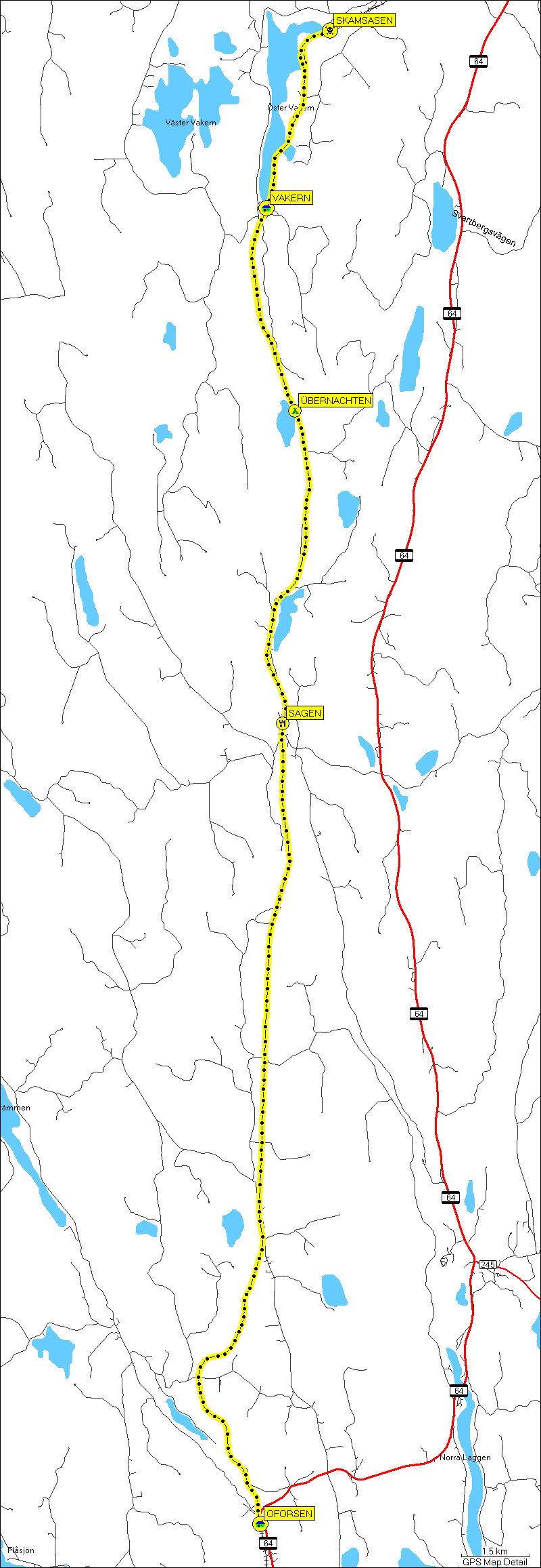 [ karte mit wegstrecke draisinenfahrt vakerskogen - skamsasen - sagen - oforsen ]