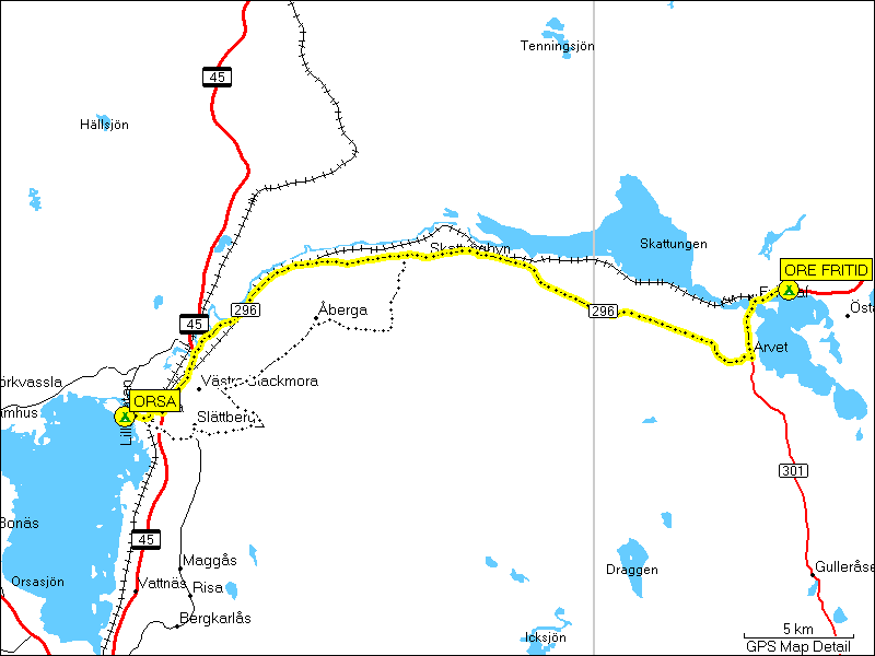 [ karte mit wegstrecke orsa, S - camping ore fritid bei furudal, S ]
