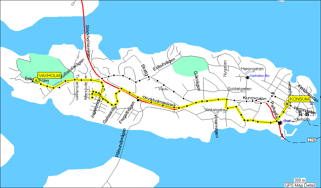 [ karte mit wegstrecke vom zentrum zum campingplatz in vaxholm, S ]