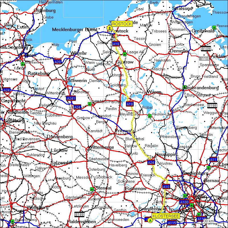 [ karte mit wegstrecke rostock, D - lehnin, D ]