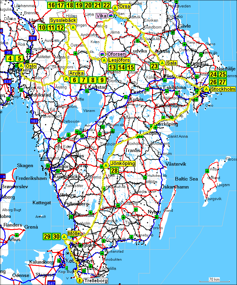 [ zurckgelegte wegstrecke mit tageszielen (nur norwegen und schweden) ]
