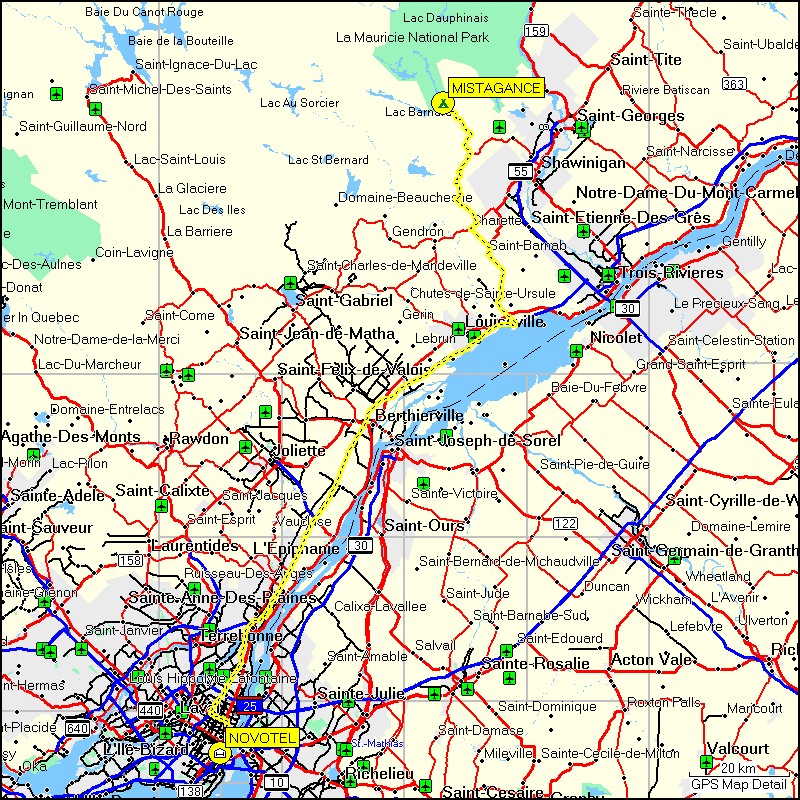 [ karte mit wegstrecke vom novotel in montreal zum camping mistagance im la mauricie nationalpark ]
