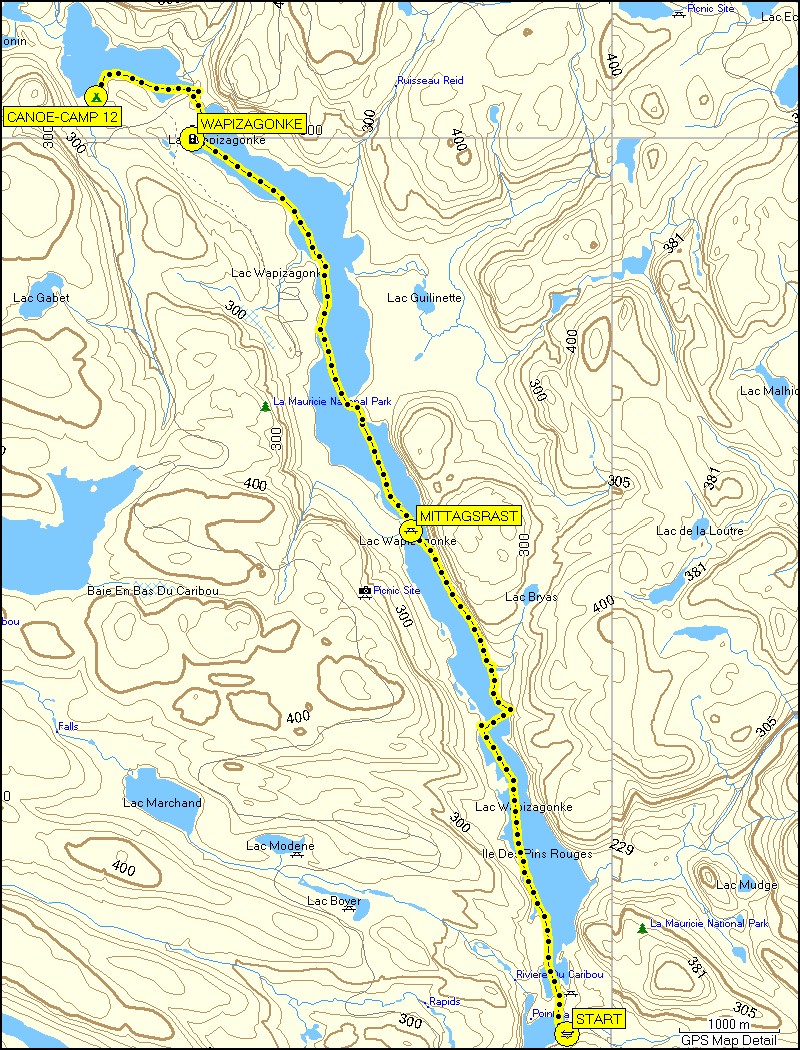 [ karte mit wegstrecke kanutour im la mauricie nationalpark ]