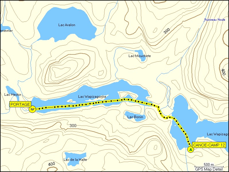 [ karte mit wegstrecke kanutour im la mauricie nationalpark ]