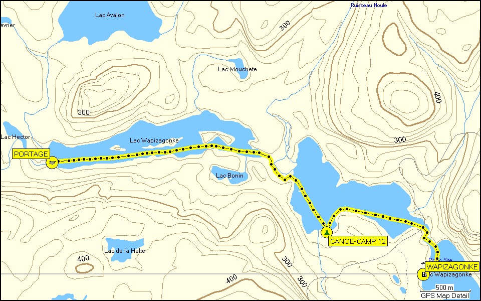 [ karte mit wegstrecke kanutour im la mauricie nationalpark ]