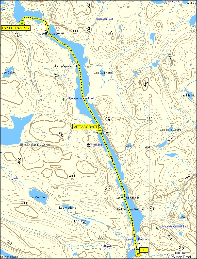 [ karte mit wegstrecke kanutour im la mauricie nationalpark ]