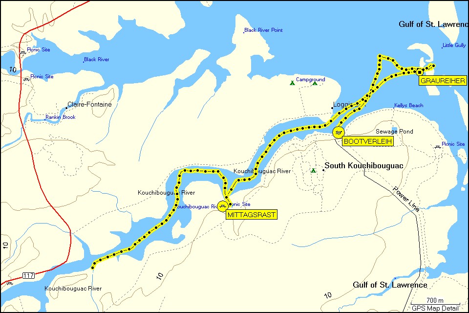 [ karte mit wegstrecke kanutour auf dem kouchibouguac river im kouchibouguac NP (hinweg) ]