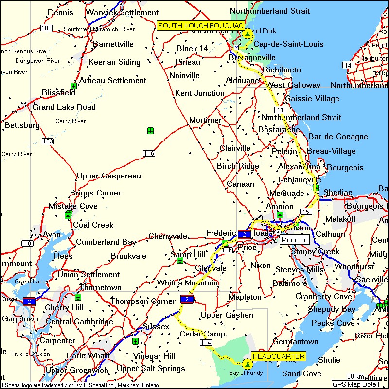 [ karte mit wegstrecke vom camping south kouchibouguac im kouchibouguac NP zum camping headquarter im fundy NP ]
