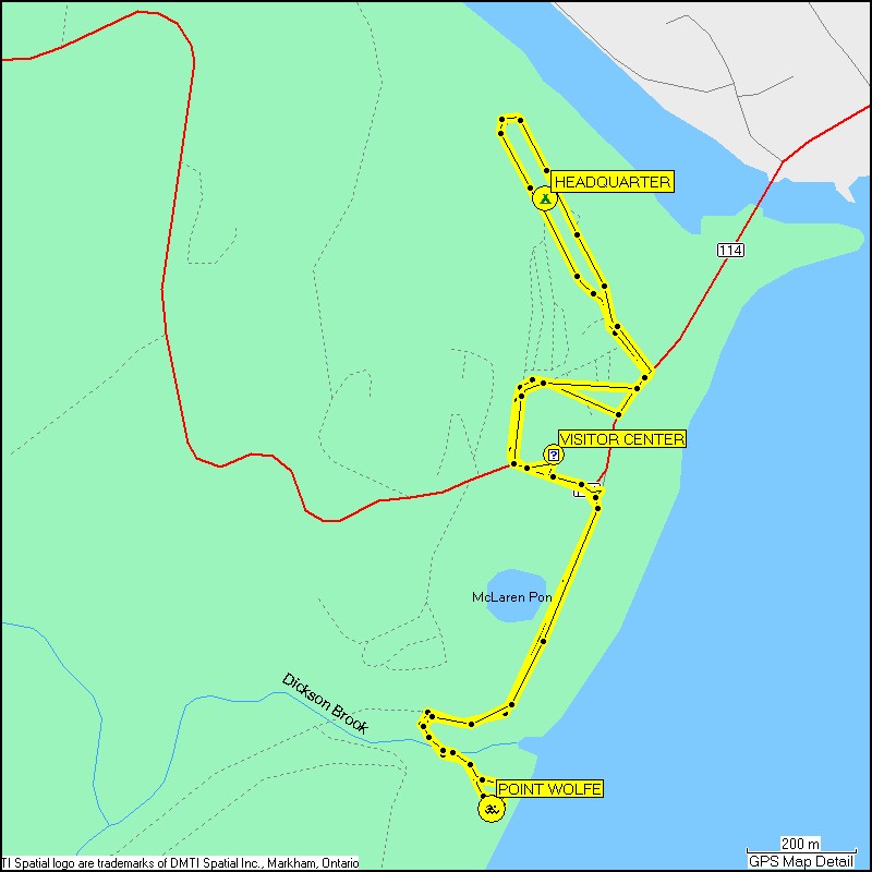 [ karte mit wegstrecke vom camping headquarter im fundy NP zum schwimmbad bei point wolfe und via visitor center zurck zum campingplatz ]