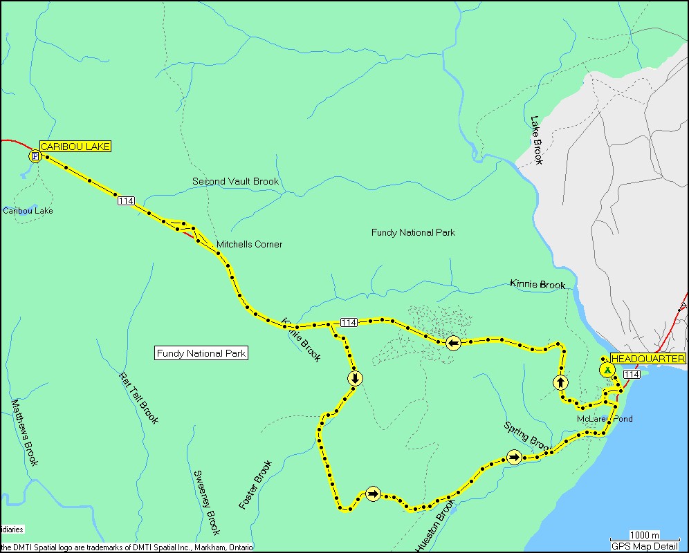 [ karte mit wegstrecke vom camping headquarter im fundy NP zum caribou lake und zurck zum campingplatz via "elch-safari" ]