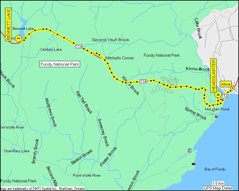 [ karte mit wegstrecke vom camping headquarter im fundy NP via alma (einkaufen) zur picknic area bennett lake ]