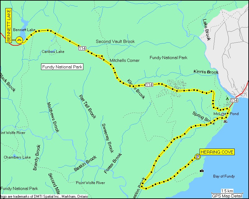[ karte mit wegstrecke von der picknic area bennett lake im fundy NP zum parkplatz herring cove ]