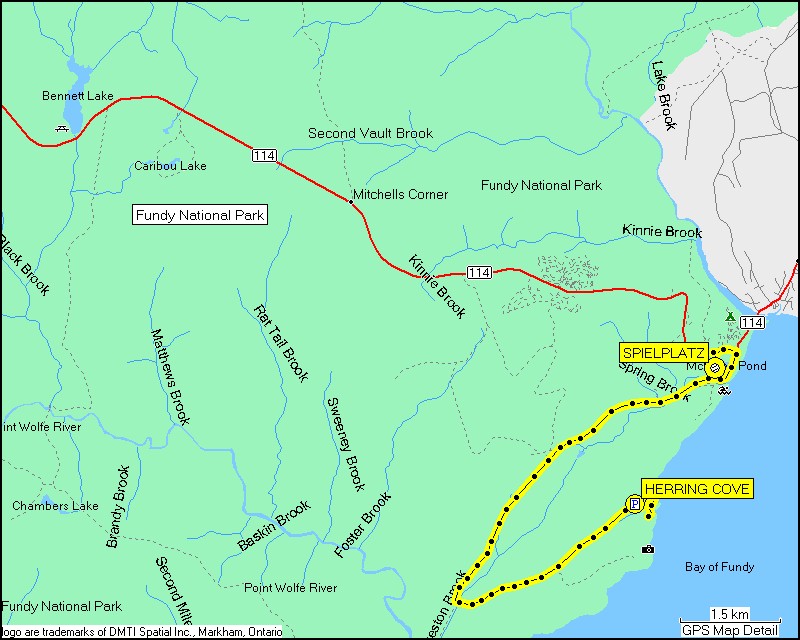 [ karte mit wegstrecke vom parkplatz herring cove im fundy NP zum spielplatz bei spring brook ]