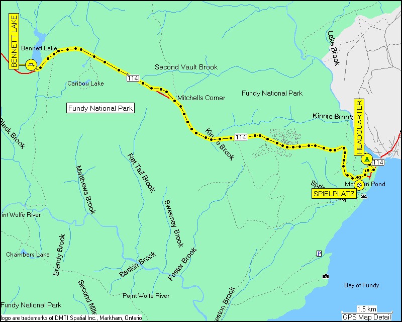 [ karte mit wegstrecke vom spielplatz bei spring brook im fundy NP via camping headquarter zur picknic area bennett lake ]