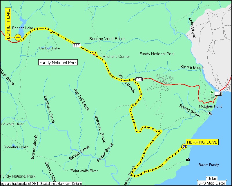 [ karte mit wegstrecke von der picknic area bennett lake im fundy NP zum parkplatz herring cove ]