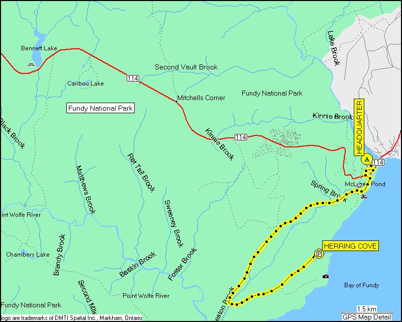 [ karte mit wegstrecke vom parkplatz herring cove im fundy NP zum camping headquarter ]