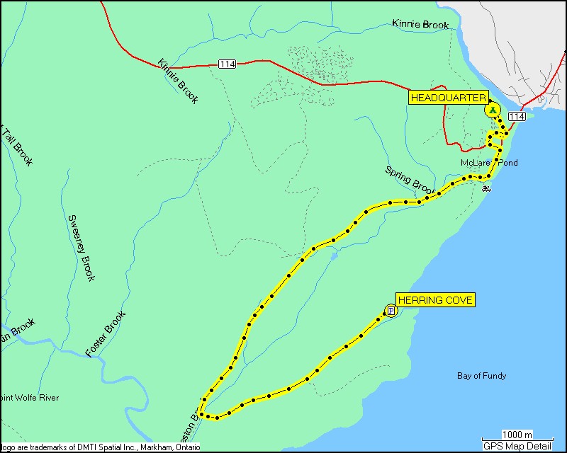 [ karte mit wegstrecke vom camping headquarter im fundy NP zur herring cove und zurck zum campingplatz ]