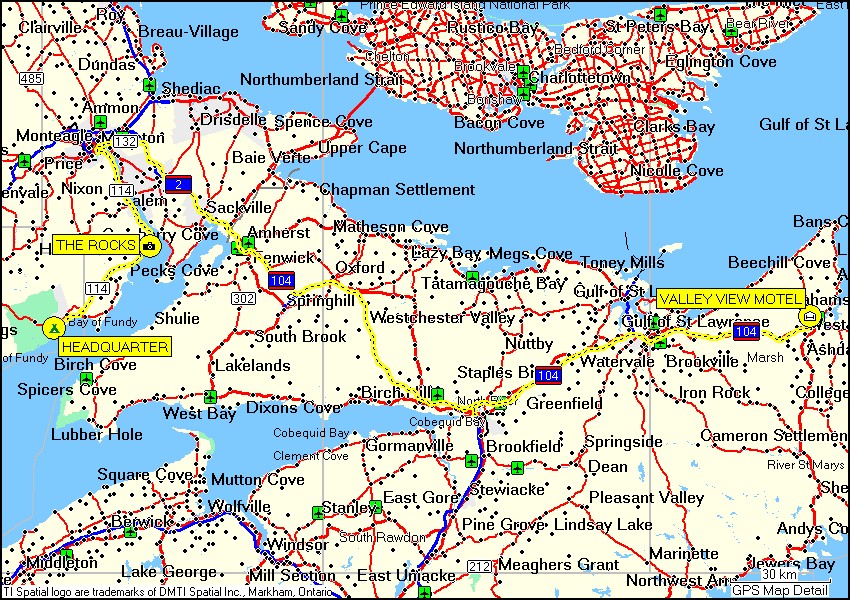 [ karte mit wegstrecke vom camping headquarter im fundy NP via the rocks provincial park zum valley view motel in antigonish ]