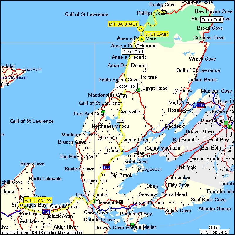 [ karte mit wegstrecke vom motel valley view in antigonish zum camping cheticamp im cape breton nationalpark ]