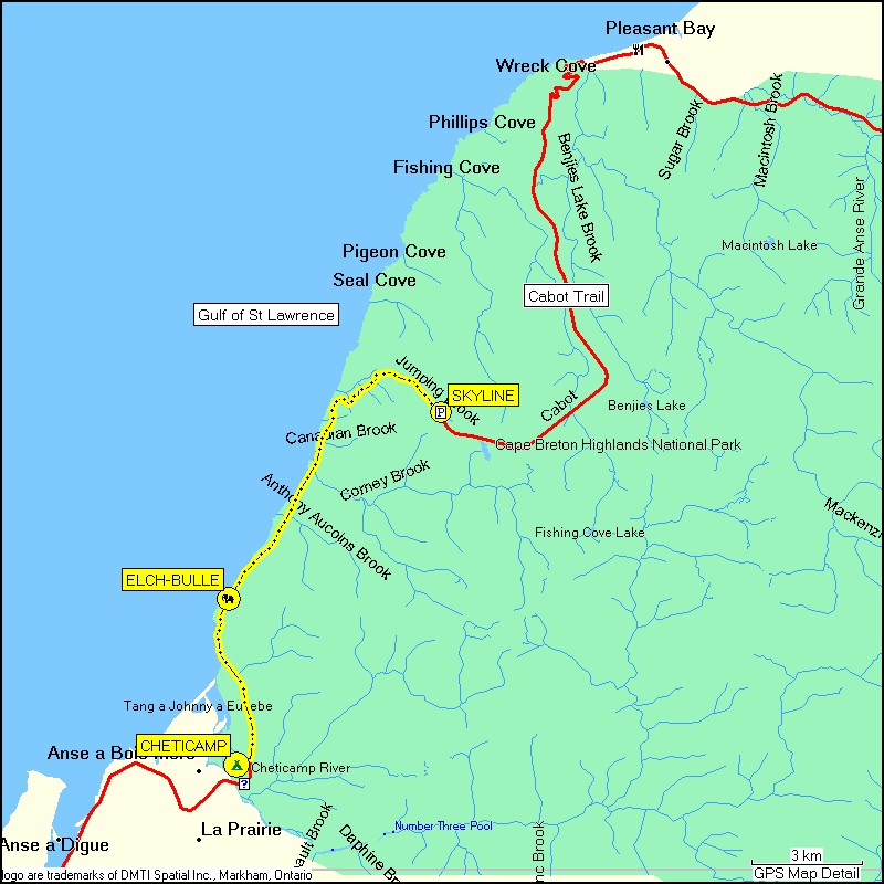 [ karte mit wegstrecke vom camping cheticamp im cape breton NP zum parkplatz beim skyline trail head ]