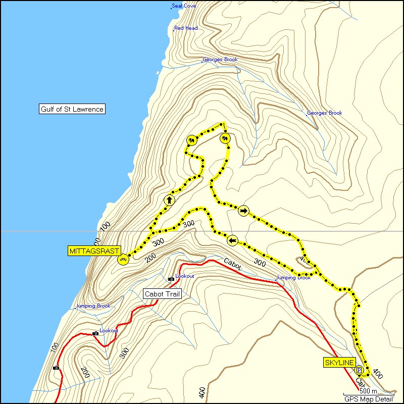 [ karte mit wegstrecke rundwanderung ber skyline trail ]