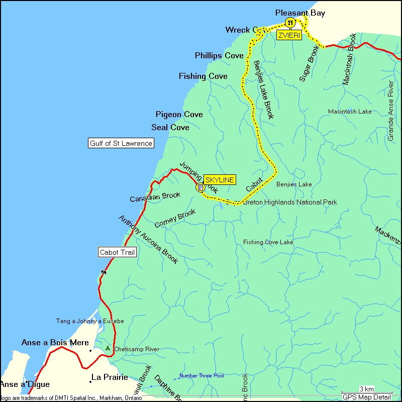 [ karte mit wegstrecke vom parkplatz beim skyline trail head im cape breton NP nach pleasant bay ]
