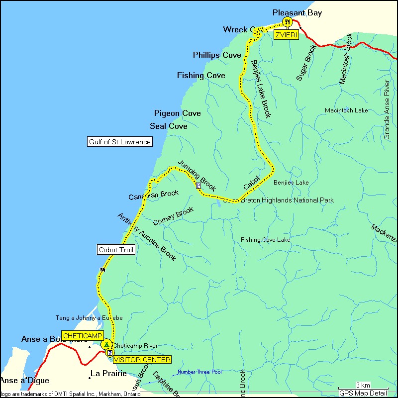 [ karte mit wegstrecke von pleasant bay via visitor center zum camping cheticamp im cape breton NP ]