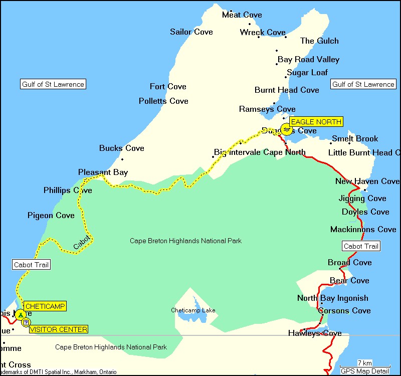 [ karte mit wegstrecke vom camping cheticamp im cape breton NP via visitor center zum bootsverleih eagle north und zurck zum campingplatz ]