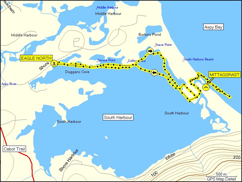 [ karte mit wegstrecke kajaktour im south harbour im cape breton NP ]