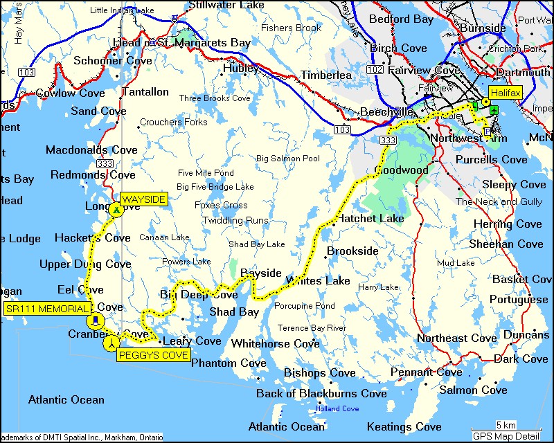 [ karte mit wegstrecke vom campingplatz wayside in glen margaret via SR111 memorial und peggys cove nach halifax ]