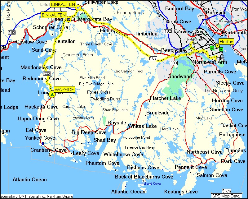 [ karte mit wegstrecke von halifax zum campingplatz wayside in glen margaret ]