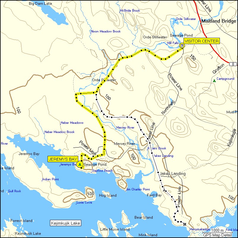 [ karte mit wegstrecke vom camping jeremys bay im kejimkujik NP zum visitor center ]