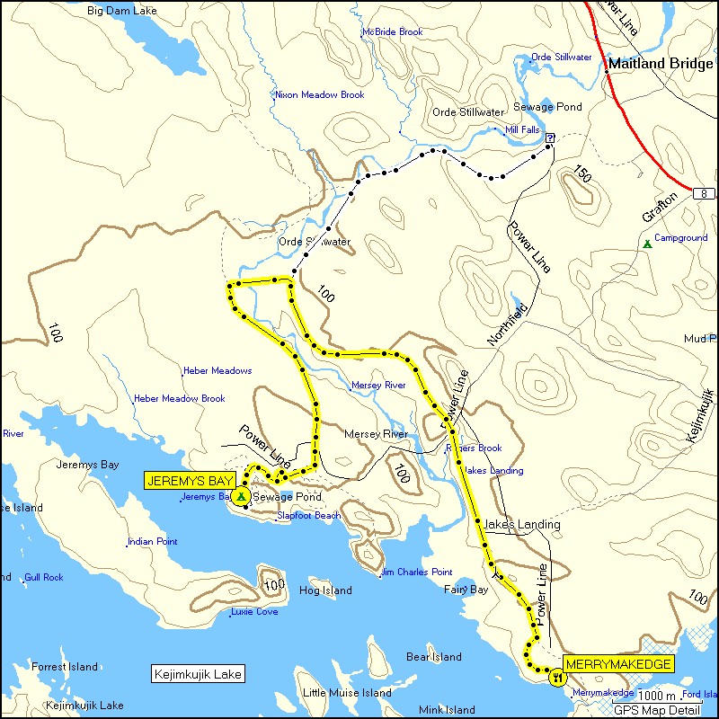 [ karte mit wegstrecke von merrymakedge im kejimkujik NP zum camping jeremys bay ]
