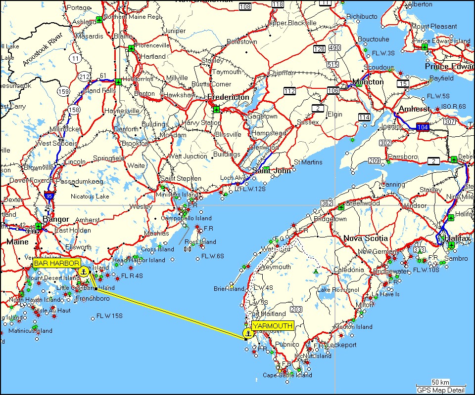 [ karte mit wegstrecke von yarmouth (canada) nach bar harbor (USA) mit schnellfhre "the cat" ]
