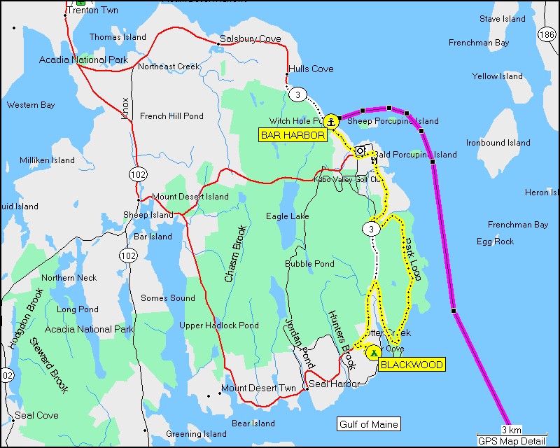 [ karte mit wegstrecke vom hafen bei bar harbor zum camping blackwood im acadia NP ]