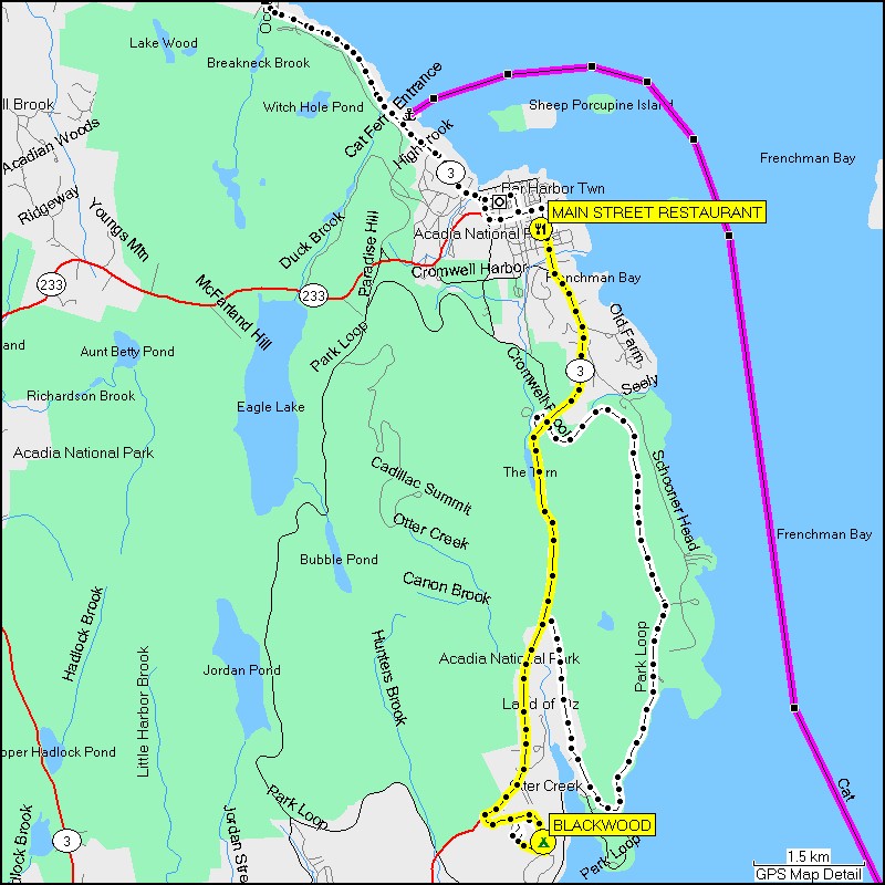 [ karte mit wegstrecke vom camping blackwood im acadia NP zum main street restaurant in bar harbor ]