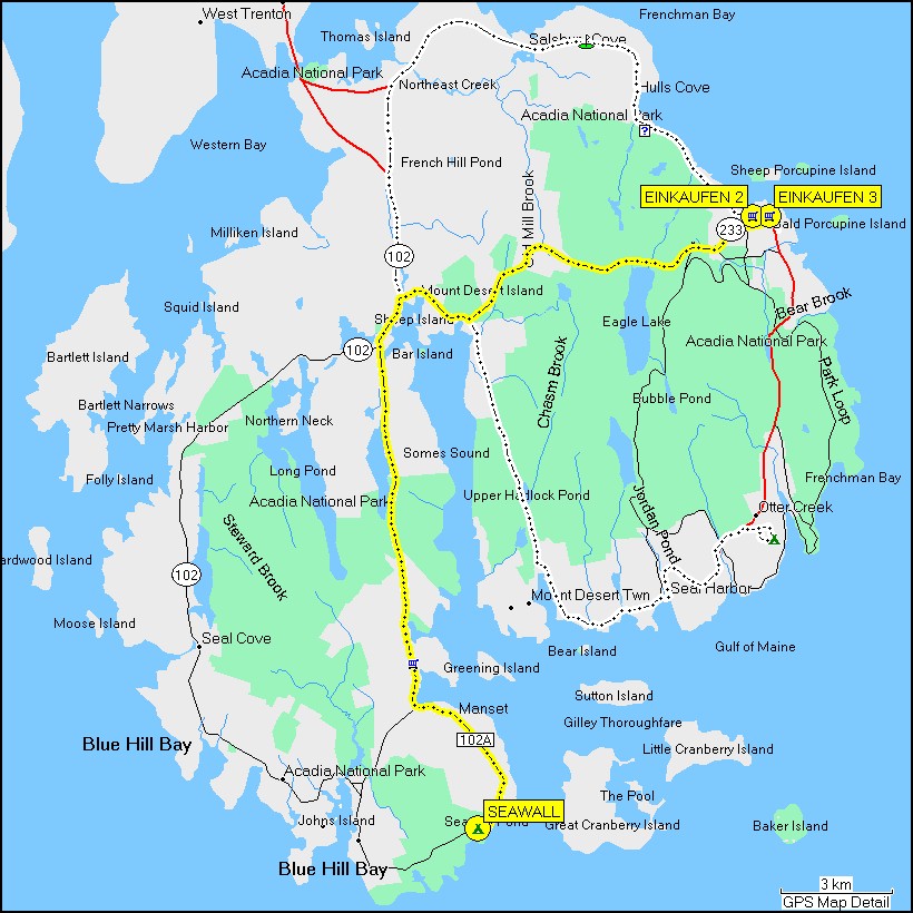 [ karte mit wegstrecke von bar harbor zum camping seawall im acadia NP ]