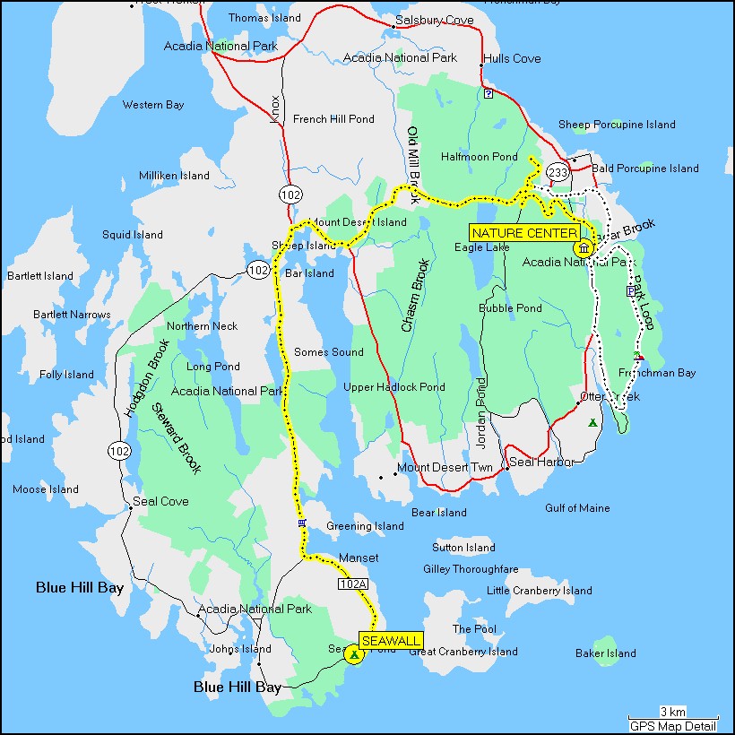 [ karte mit wegstrecke vom camping seawall im acadia NP zum nature center ]