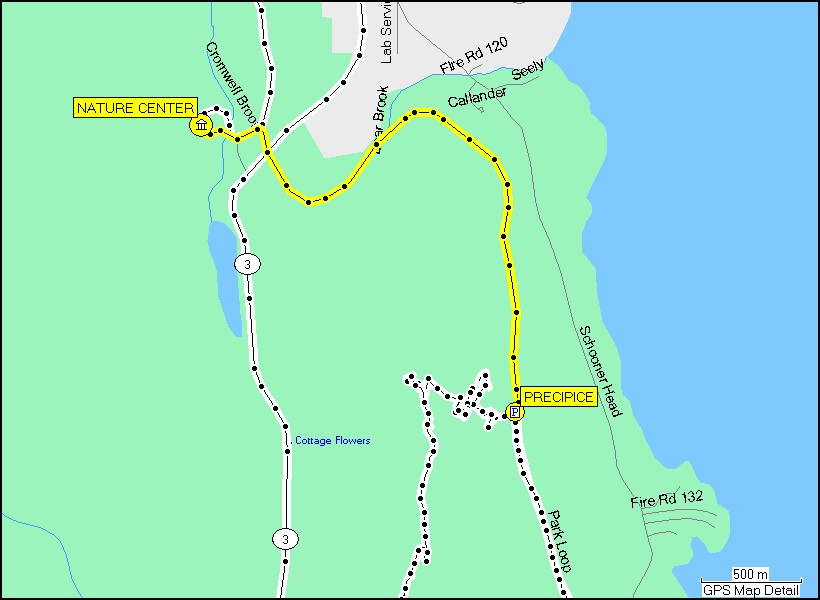 [ karte mit wegstrecke vom nature center im acadia NP zum parkplatz precipice ]